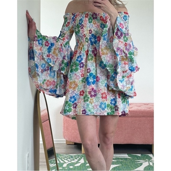 Mochi Dress Women Small Floral Red Blue Yellow Smocked Flare Sleeve Off Shoulder - Picture 5 of 16